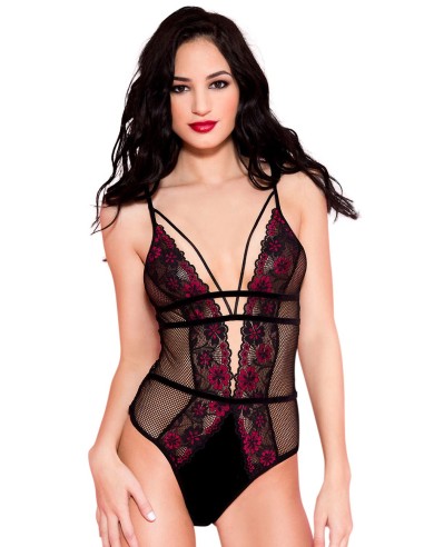 Sexy black fishnet bodysuit with floral lace trims and ornaments - ML80022BHP