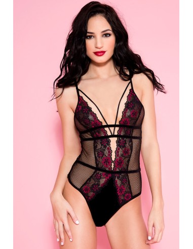 Sexy zwarte visnet bodysuit met gebloemde kanten randen en ornamenten - ML80022BHP
