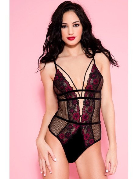 Sexy zwarte visnet bodysuit met gebloemde kanten randen en ornamenten - ML80022BHP