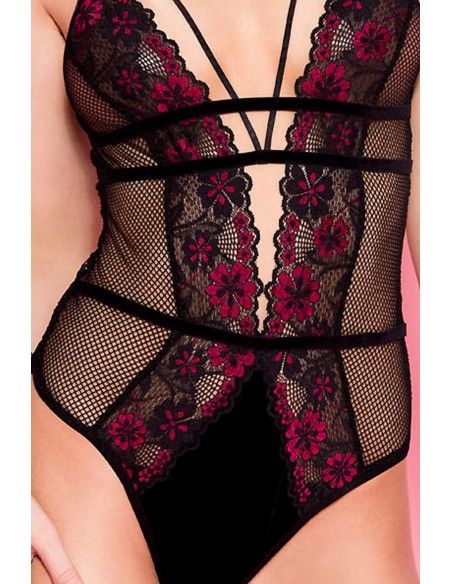 Sexy zwarte visnet bodysuit met gebloemde kanten randen en ornamenten - ML80022BHP
