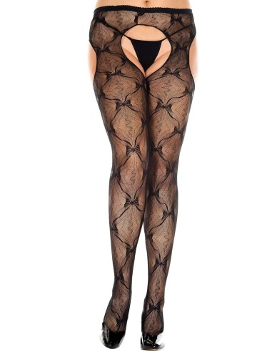 Large size black nylon tights with fancy suspender belt effect with bows - MH933XBLK