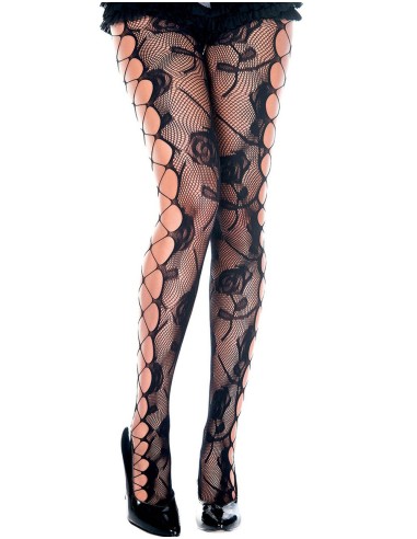 Fancy zwarte visnet- en opengewerkte panty in net- en bloemstijl - MH50021BLK