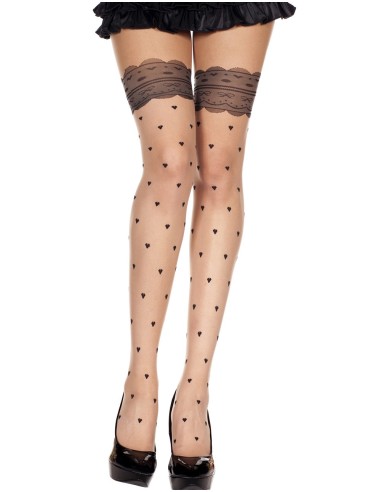 Sexy flesh-tone stocking tights with black garters and hearts - MH7276BLK