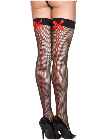 Black fishnet stockings with red stitching and bows - MH4843BKR