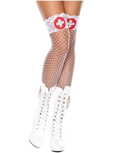 White fishnet stockings with nurse logo - MH4824WHR