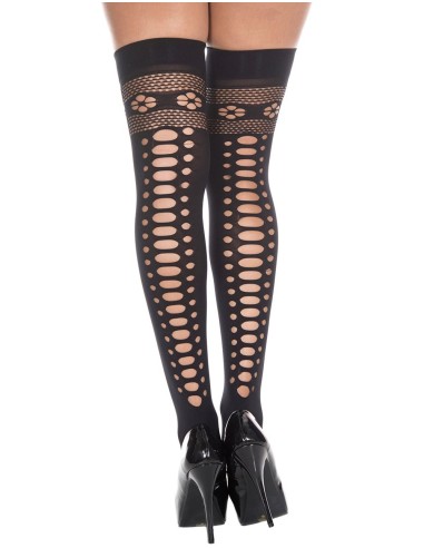 Opaque black openwork stockings with floral garters - MH4476BLK