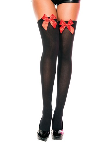 Black opaque stockings with red satin bows - MH4742BKR