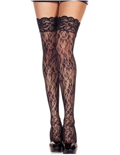 Medias de rejilla negras florales con ligas de encaje - MH4545BLK