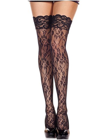 Black floral fishnet stockings with lace garters - MH4545BLK