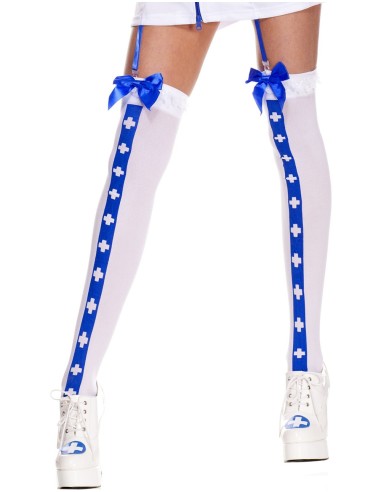 Sexy white stockings with blue nurse cross band and satin bows - MH4780WBL