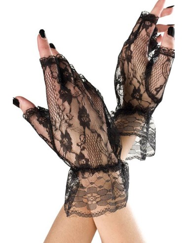 Black open gloves with fishnet lace and ruffles on the wrists - ML428BLK