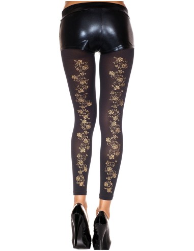 Dunne ondoorzichtige zwarte legging met gouden bloemen op de achterkant - MH35821BLK