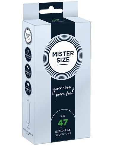 Box of 10 latex condoms with reservoir, 7 sizes available, Mister Size - MS10