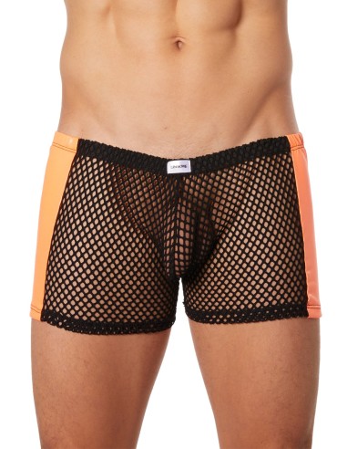 Black mesh boxer shorts with orange imitation leather sides - LM911-67MBKO