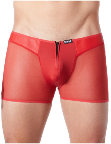 Sexy red boxer shorts with zipper and leather style sides and transparent mesh - LM813-67RED