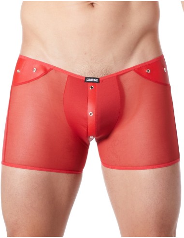 Sexy red boxer shorts with transparent mesh and leather style band - LM807-67RED