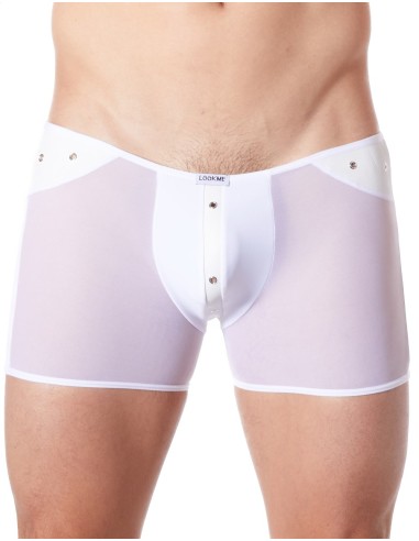 Sexy boxer blanco con malla transparente y banda estilo cuero - LM807-67WHT