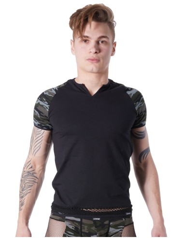 Sexy black army t-shirt with camouflage decoration on the sleeves and open round neck - LM814-81BLK