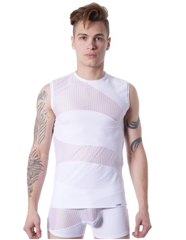 Camiseta sin mangas blanca opaca y transparente con cuello redondo y rayas finas - LM803-77WHT