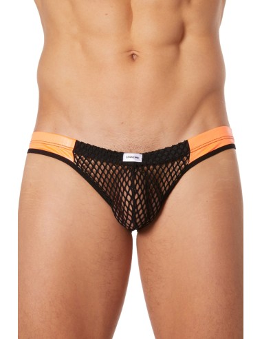 Black mesh briefs with orange imitation leather bands - LM911-61MBKO