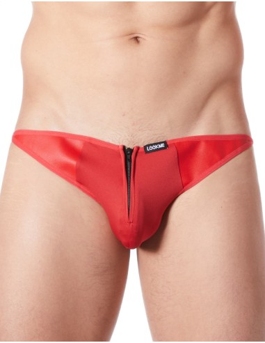 Sexy red brief briefs with zipper and leather style sides transparent back - LM813-61RED