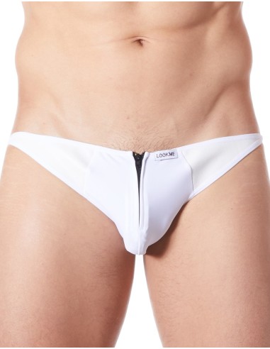 Sexy white brief brief with zipper and leather style sides transparent back - LM813-61WHT