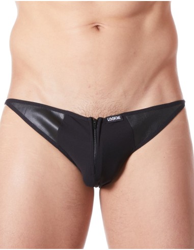 Braguita sexy negra con cremallera y laterales estilo cuero espalda transparente - LM813-61BLK