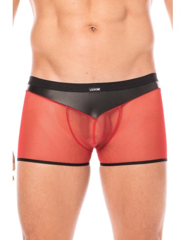 Black imitation leather and red mesh boxer shorts - LM2005-67BKR