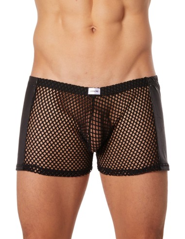 Black mesh boxer shorts with faux leather sides - LM911-67MBLK