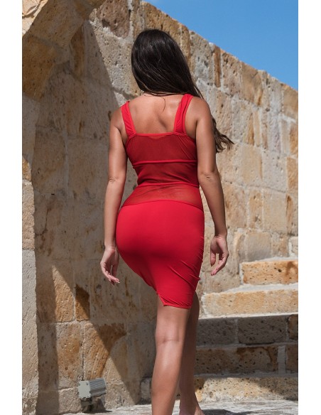 Sensual and dressy dress with red transparent mesh - LDP1RED