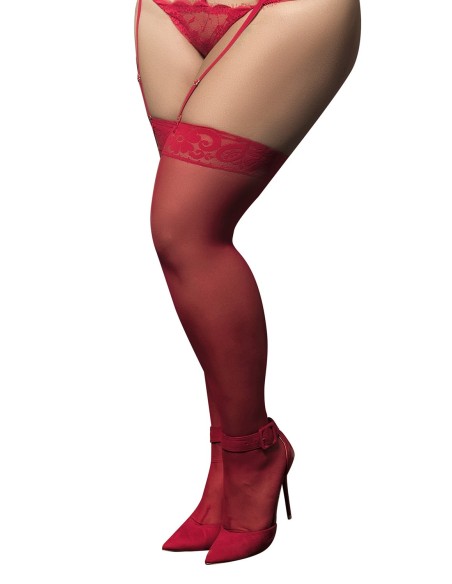 Red self-fixing nylon stockings, large size, lace garters - MAL1094XRD
