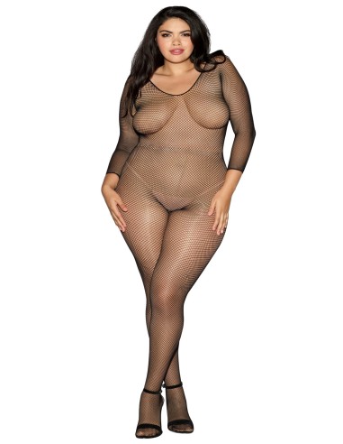 Bodystocking de entrepierna abierta de rejilla negra de talla grande - DG0015XBLK