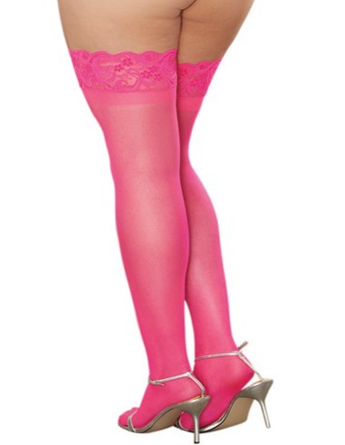 Large size pink nylon self-fixing stockings with lace garters - DG0005NXPNK