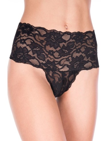 Plus size black thong tanga wide high band floral lace - ML10021XBLK