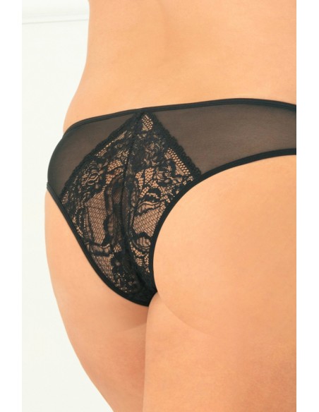 Large size black open tanga with lace pieces on the buttocks - REN1141X-BLK