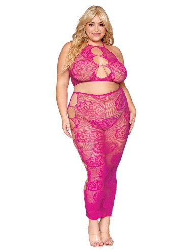 Conjunto de falda larga y sujetador de malla rosa de talla grande - DG0485XBEE