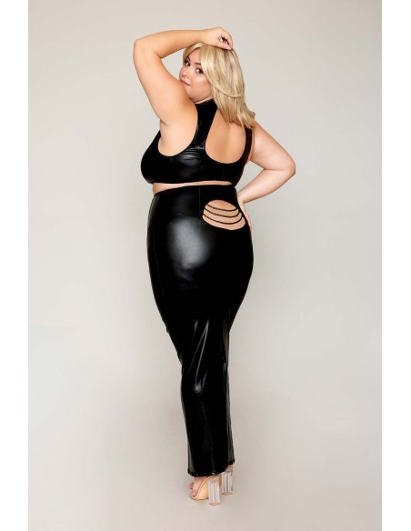 Bra and long skirt set, large size, black in faux leather - DG13198XBLK