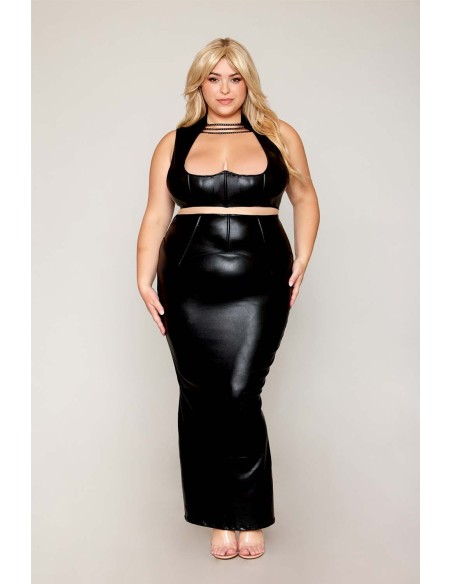 Bra and long skirt set, large size, black in faux leather - DG13198XBLK