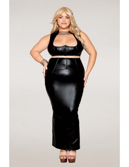 Bra and long skirt set, large size, black in faux leather - DG13198XBLK