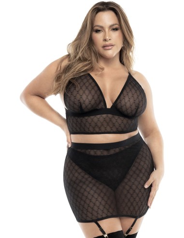 Bra, thong and skirt, plus size, black fishnet - MAL8776XBLK