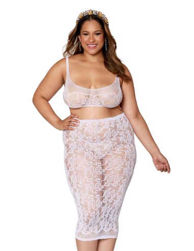 Plus size 2-piece set, fancy fishnet bra and matching long skirt - DG12921XWHT