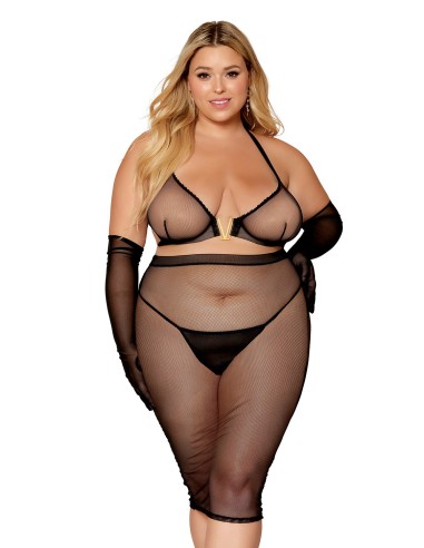 Plus size 2 piece set, black transparent bra and long skirt - DG12770XBLK