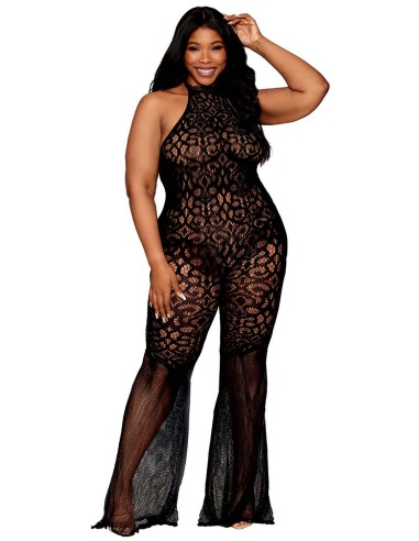 Naadloos gehaakte kanten bodystocking, grote maat, zwart visnet - DG0468XBLK