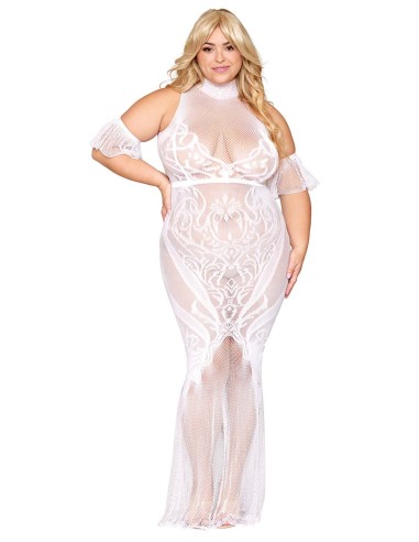 Vestido bodystocking, talla grande, de rejilla y encaje blanco - DG0490XWHT