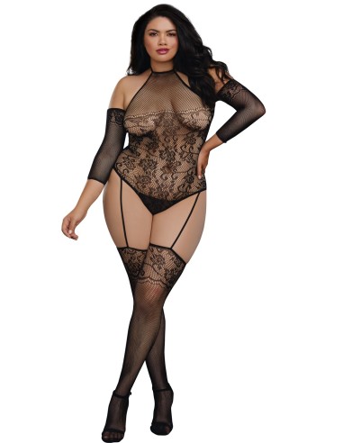 Grote maten bodystocking netkousen met bretels - DG0310XBLK