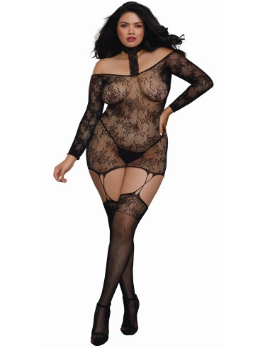 Groot formaat omkeerbare korset visnet bodystocking met choker - DG0318XBLK