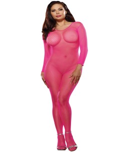 Body de rejilla rosa neón talla grande con entrepierna abierta - DG0015XHPK