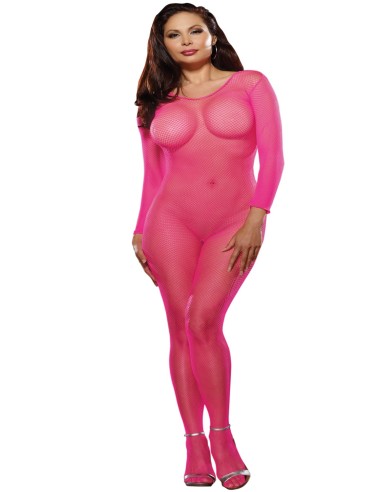 Plus size neon pink fishnet bodystocking open crotch - DG0015XHPK