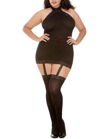Grote maat zwarte bodystocking met korseteffect en kant - DG0035XBLK