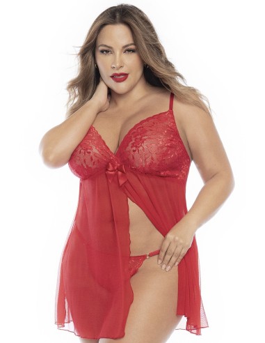 Babydoll, groot formaat, in rood kant en visnet open aan de voorkant - MAL7501XRED